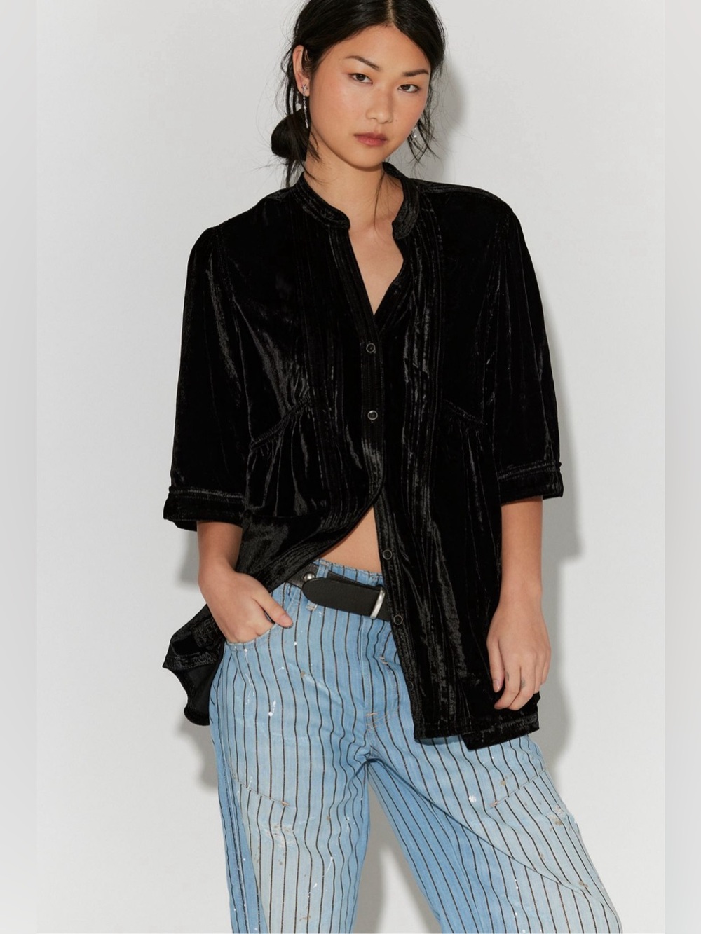 NWT FREE PEOPLE WE THE FREE Velvet Willow Button Down | Black MSRP $168 Size S - Picture 6 of 7